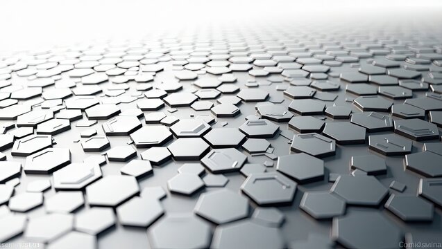 Abstract visual showcases a repeating pattern of metallic, hexagonal shapes, creating a textured surface with varying sizes and shades of gray in a futuristic or technological context.