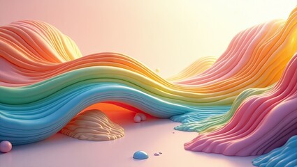 Abstract depiction showcasing colorful, wavy forms that resemble smooth, flowing ribbons or layered textures, with a soft, pastel color palette and a dreamy, inviting ambiance, offering a whimsical...