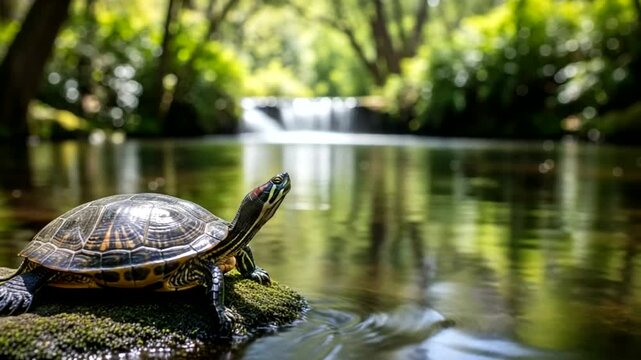 Gentle ripples surround a contemplative turtle basking on mossy stone near waterfall, a natural