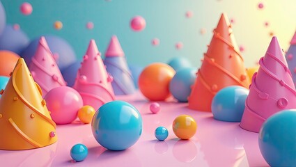 Colorful geometric shapes, including cones and spheres, are arranged on a pink surface with a soft, blurred gradient background, creating a playful and vibrant composition, showcasing various hues...