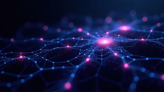 Illuminated network structure displays connections through a digital space with glowing nodes and interconnected pathways, conveying a sense of technological advancements and data flow, using a...