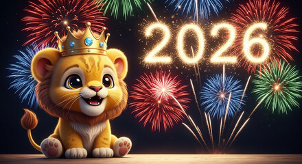 Cute lion character with a crown joyfully welcomes 2026, surrounded by spectacular red, blue, and green fireworks illuminating the dark background