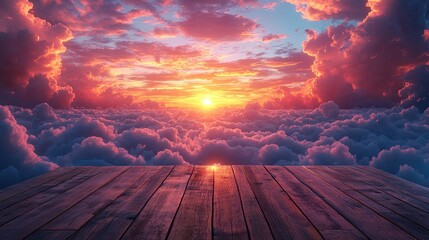 Dramatic sunset over clouds, wooden platform