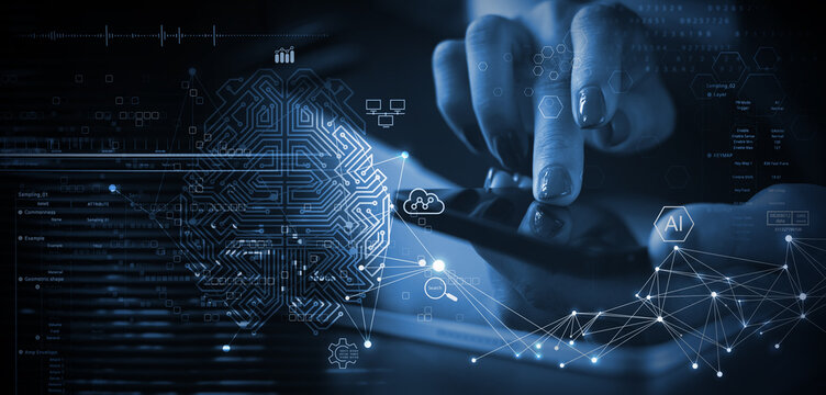 AI Artificial Intelligence. Business woman using AI technology for data analysis, coding computer language with digital brain, machine learning on virtual screen, business intelligence - Powered by Adobe