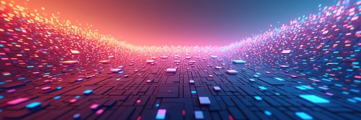 Visualizing a digital landscape with glowing particles flowing across a textured, grid-like surface.