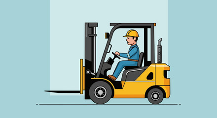 Cartoon construction worker driving forklift flat vector illustration.