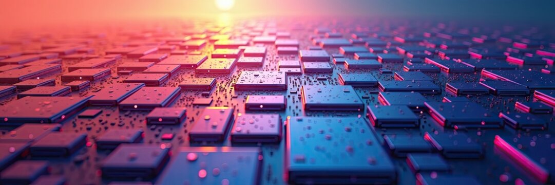 Technological abstract scene presents a futuristic arrangement of interconnected squares, rendered with a cool, gradient color palette of blues and purples, illuminated by a soft, warm sun-like glow.
