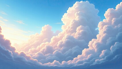 Lush, fluffy clouds drift across a brilliant blue sky, bathed in the warm glow of sunlight creating a beautiful and serene atmospheric scene featuring pastel colors and a peaceful ambiance.
