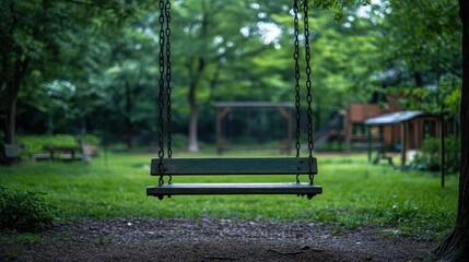 Empty swing in a park. Green trees, blurred background