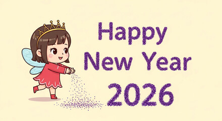 Cute cartoon fairy character with a golden crown and blue wings, wearing a red dress, sprinkling magical glitter next to the text happy new year 2026