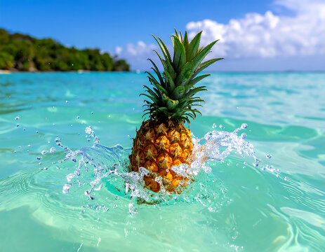 Pineapple splash freshness in azure water Generative AI
