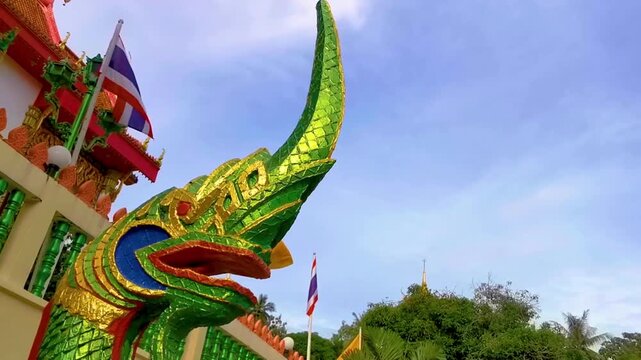 Suwankeereewong Temple green naga statue statues sculpture sculptures stairs Thailand.