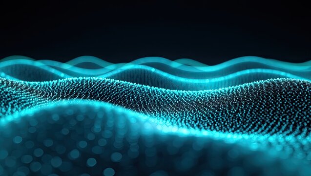 Luminescent blue particles form undulating wave patterns, with blurred bokeh effects in the foreground, set against a dark backdrop, evoking a sense of depth and futuristic atmosphere.