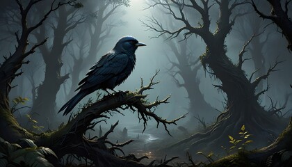 Dark Blue Bird on Moss-Covered Branch in Moody Forest Setting
