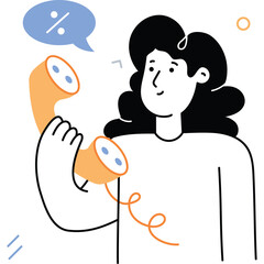 Stylized Woman With Curly Black Hair Holding an Orange Rotary Phone Receiver with Percentage Symbol in Speech Bubble Against a Transparent Background