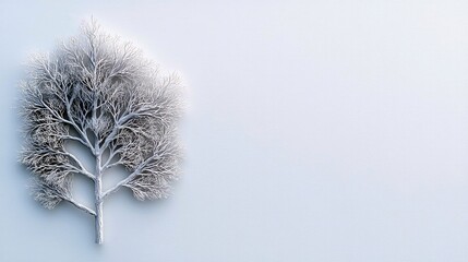 A solitary, leafless tree adorned with frost stands out against a serene, light blue backdrop, offering a minimalist winter scene.