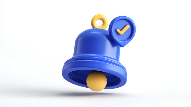 3d blue bell icon with notification icon isolated on white background. Social media notification, new message Stock Illustration