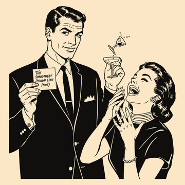 Vintage Comic Couple Woman Laughing and Spilling Drink at Pickup Line