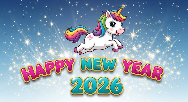Happy new year 2026 celebration with a cute, magical unicorn flying amidst sparkling stars and glitter on a vibrant blue sky background, symbolizing joy, fantasy, and a fresh start for the upcoming ye
