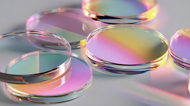 3d crystal light holographic glass round disks on light background. Abstract circle discs with iridescent gradient, glare and motion effect. Render geometric cylinder plate shapes Stock Illustration - Powered by Adobe
