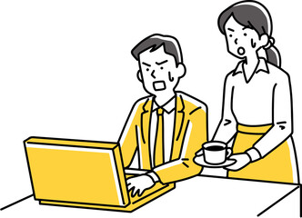 パソコン画面を青ざめた目で見る男女