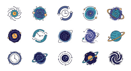 Dynamic cosmic swirls and stylized planets represent concepts of time, space, and celestial exploration in vibrant, modern icons perfect for educational or scientific themes. © M FAIZAL