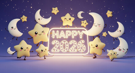 Happy 2026 new year celebration with cute starry characters and crescent moons, glowing neon sign, festive holiday greeting card, whimsical illustration for upcoming year