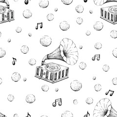 Seamless black and white pattern with a vintage gramophone, musical notes, and bubbles. Ink illustration of a musical instrument. Design for wrapping paper, cards and textiles.