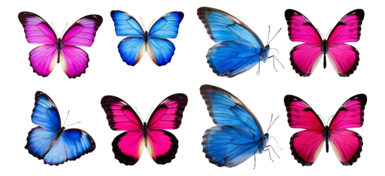 Colorful Butterflies Collection with Vivid Wings in Various Poses, Isolated on Transparent, white background