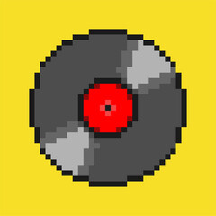 Pixel Vinyl Disc. Pixel art vinyl music disc with retro red label on yellow background for nostalgic audio design and digital art assets