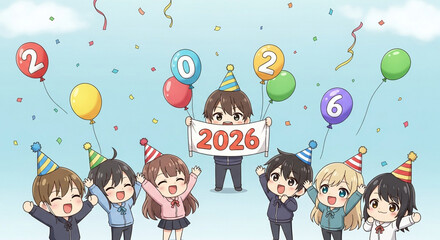 Cheerful anime children celebrating the new year 2026 with colorful balloons, festive confetti, and party hats, expressing joy and excitement for the upcoming year