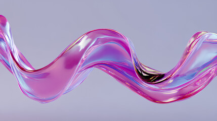 3d glass holographic liquid transparent ribbon wave line render. Abstract fluid gradient tape. Fluid flow curve shape with flare and motion effect in purple pink light hologram colors