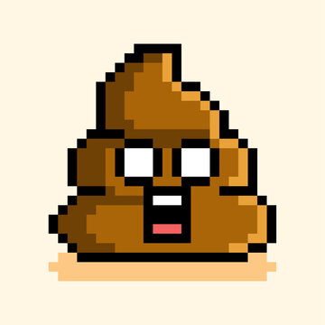 Pixel Poop Emoji. Funny pixel poop emoji character with expressive face in retro video game style for humorous digital graphics