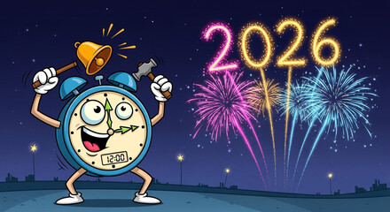 A cheerful cartoon alarm clock character celebrates the arrival of the new year 2026 with vibrant fireworks illuminating the night sky, symbolizing new beginnings and festive joy