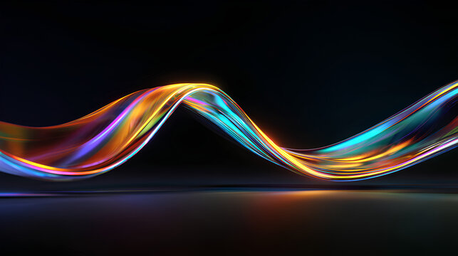 3d iridescent liquid glass ribbon wave line with neon rainbow light texture on abstract black background. Holographic gradient water flow with speed motion effect. Digital tech banner. 3D illustration