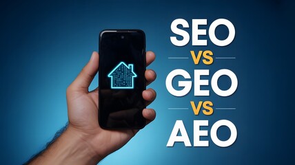 Hand holding a smartphone displaying a house icon, with text comparing seo, geo, and aeo, representing digital marketing and locationbased search strategies