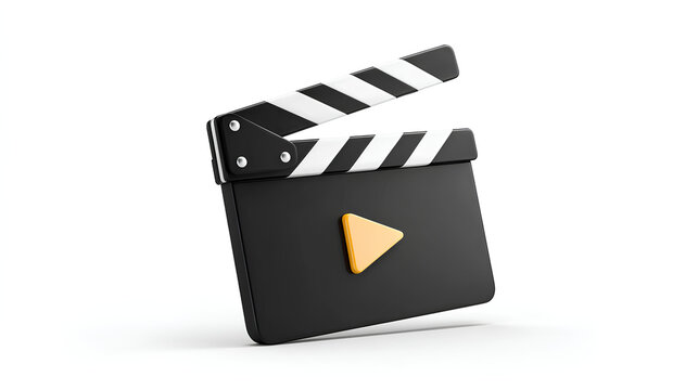 3d movie clapper board with video play icon. Film slate illustration isolated on white background. Stock Illustration