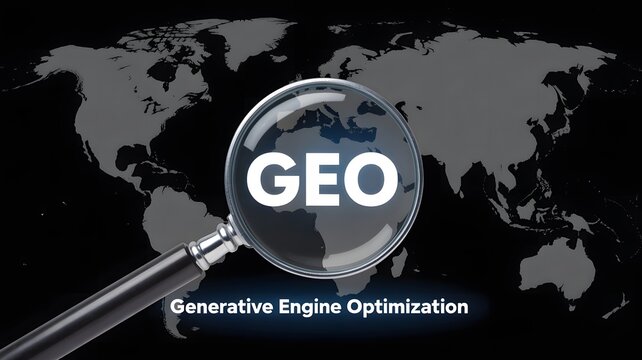 Magnifying glass over a world map highlighting geo for generative engine optimization, representing global search strategy and digital marketing analysis