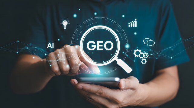 Digital concept of geolocation and data analysis person using a smartphone with a geo search icon and technology symbols - Powered by Adobe