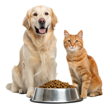 Golden Retriever Dog and Ginger Cat with Pet Food Bowl | Companion Animals Stock Photo