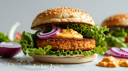 Delicious homemade burger with sesame seed bun lettuce red onion and special sauce