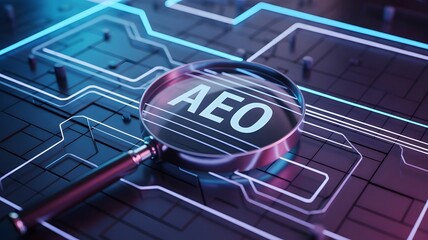 Magnifying glass focusing on aeo text on a futuristic circuit board, symbolizing authorized economic operator concept, global trade compliance, and digital supply chain security analysis