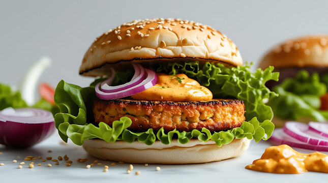 Delicious homemade burger with sesame seed bun lettuce red onion and special sauce
