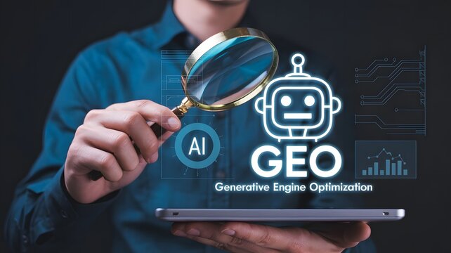 Man holding a magnifying glass over a tablet displaying ai geo generative engine optimization concept, symbolizing advanced search and ai technology