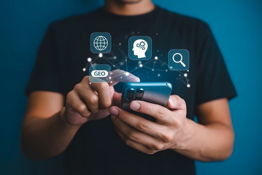 Person interacting with a smartphone displaying digital icons for data, search, and location, representing modern technology and connectivity