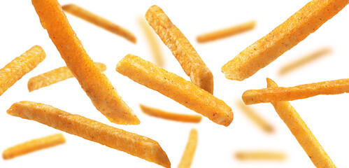French fries levitate on a white background
