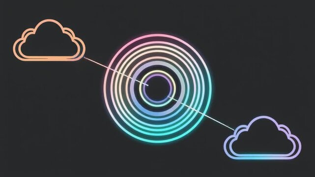 Abstract representation of data transfer between two cloud servers connected to a central processing unit with glowing neon lines.