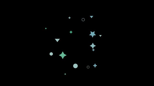 A whimsical dance of teal shapes against a stark black backdrop, creating a playful and modern composition with stars, circles, and crosses