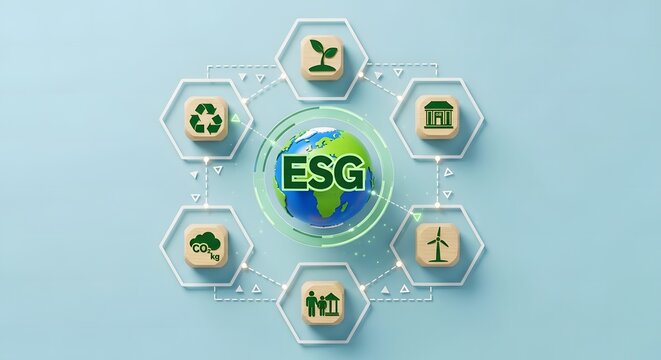 Esg concept with environmental, social, and governance icons surrounding a globe, representing corporate responsibility and sustainable business