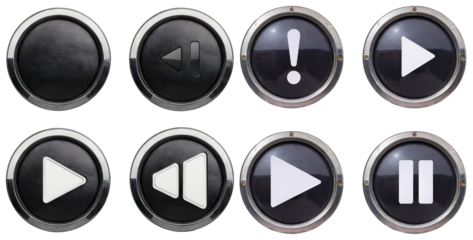 Variety of Black Play, Pause, Rewind, Skip, and Alert Buttons, isolated on transparent background